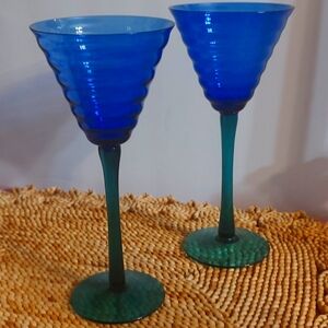 Beehive Stem Wine Glasses-Set of 2 Art Deco Style 80's Cobalt Blue Teal Green
